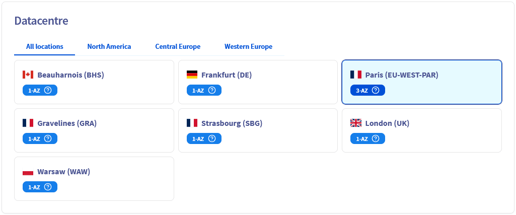 Choose a datacentre