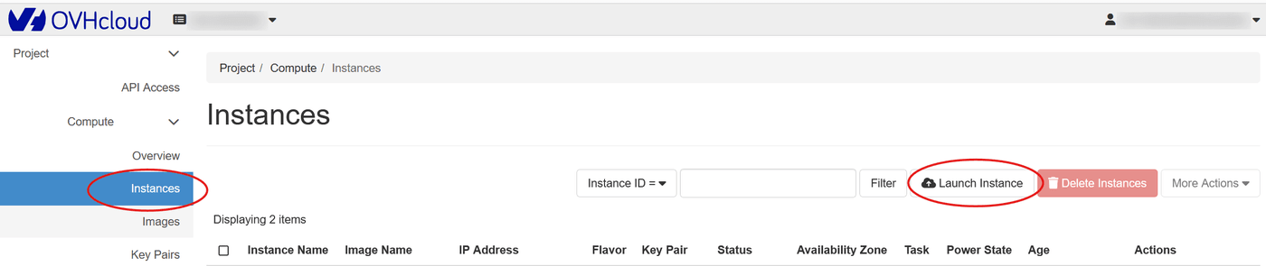 Launch Instance button in the Instances section