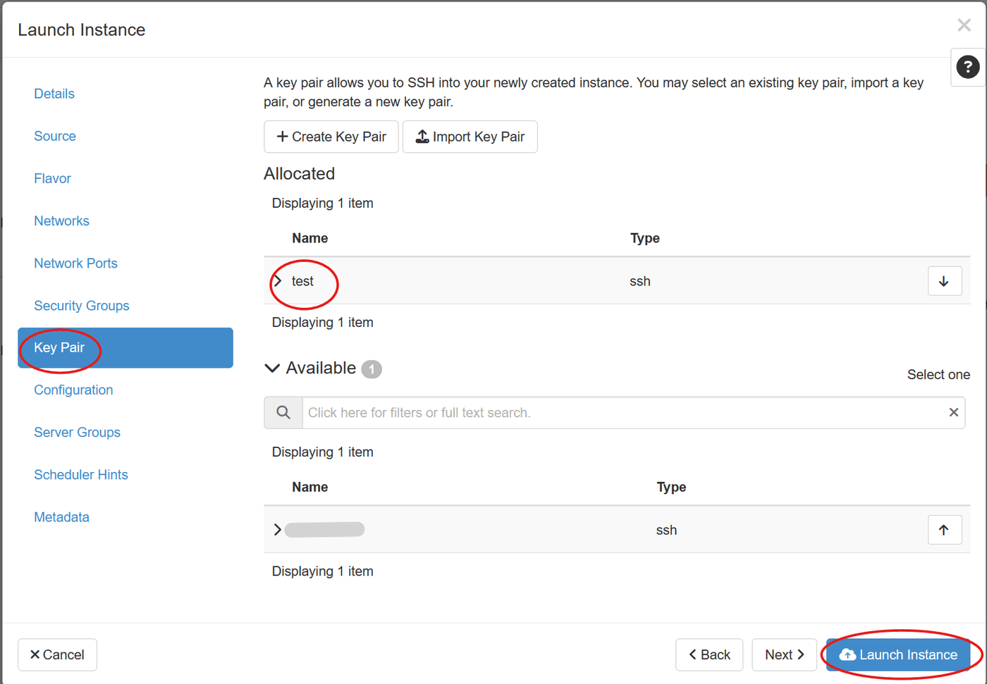 Key Pair section with the selected key and Launch Instance