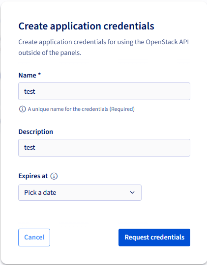 Application credential creation form with name and expiration date