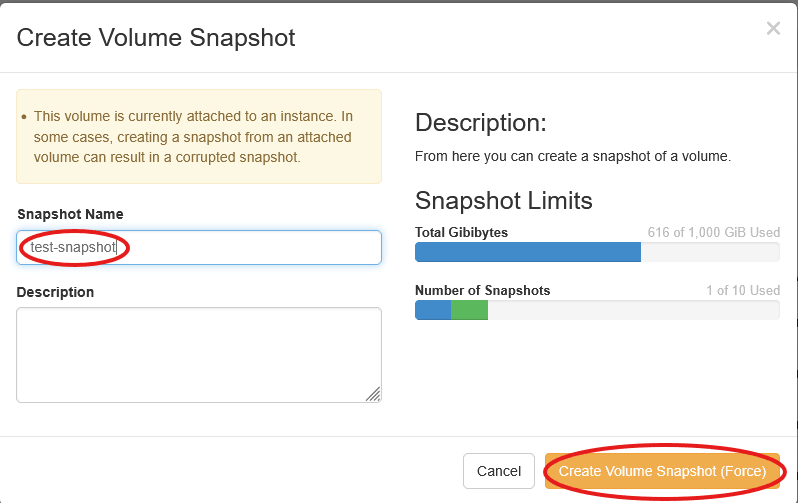 Snapshot creation form for the selected volume