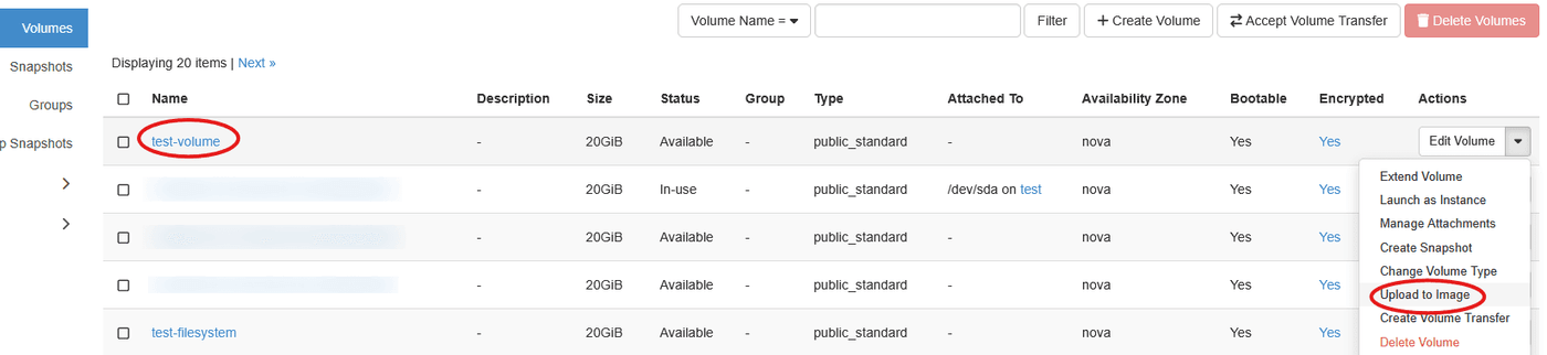 Upload to Image action in the volume actions list