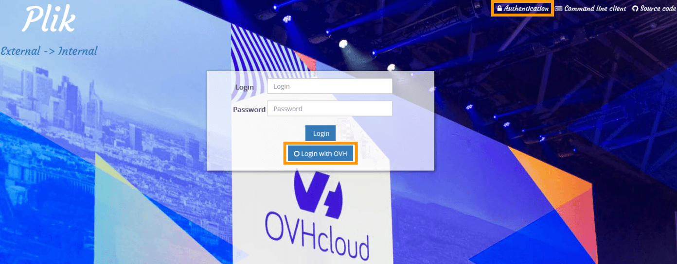 Plik login page with the Login with OVH button highlighted