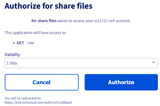 OVHcloud authorization page for Plik with the Authorize button