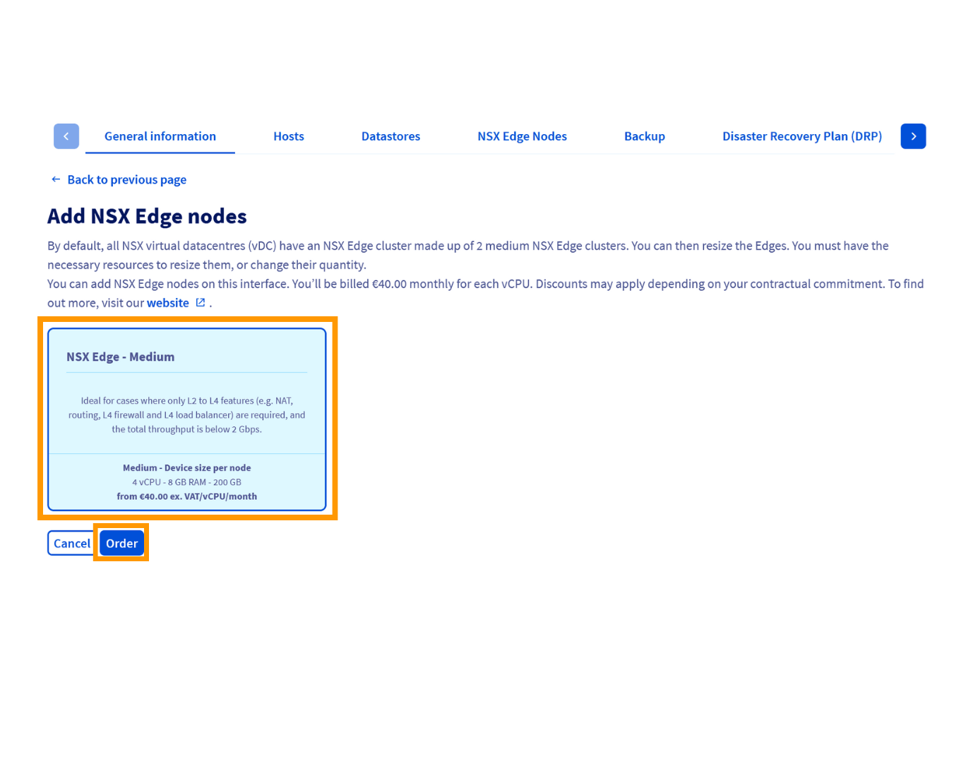 Ordering an NSX Edge from the Manager