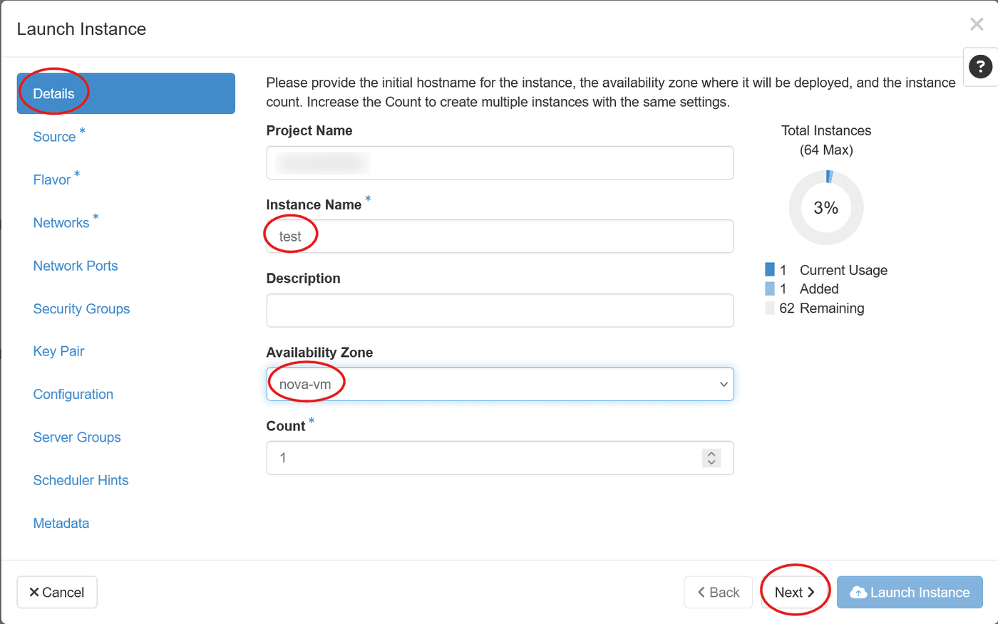 Details section of the Launch Instance wizard