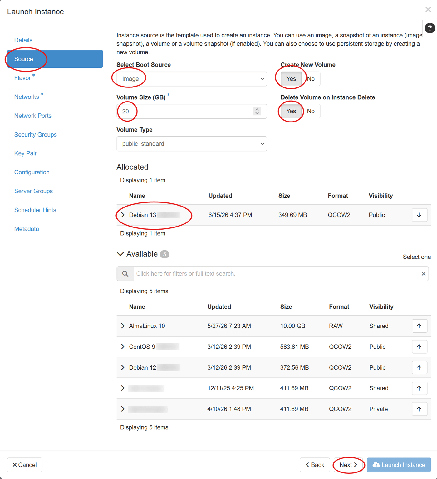 Source section with boot source and Create New Volume options