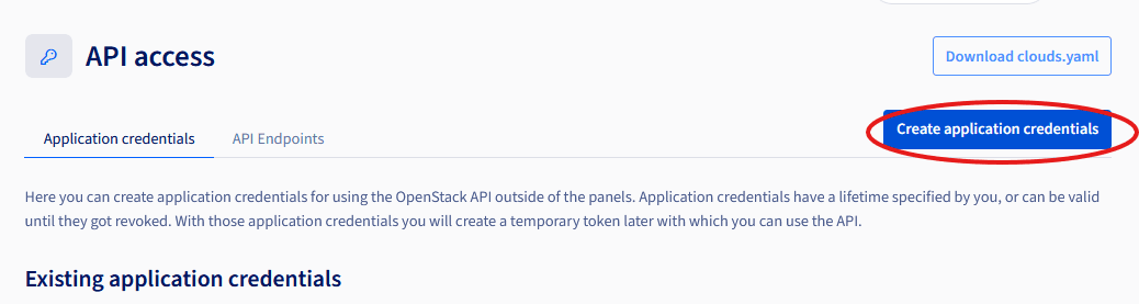 Create application credentials button in the API access menu