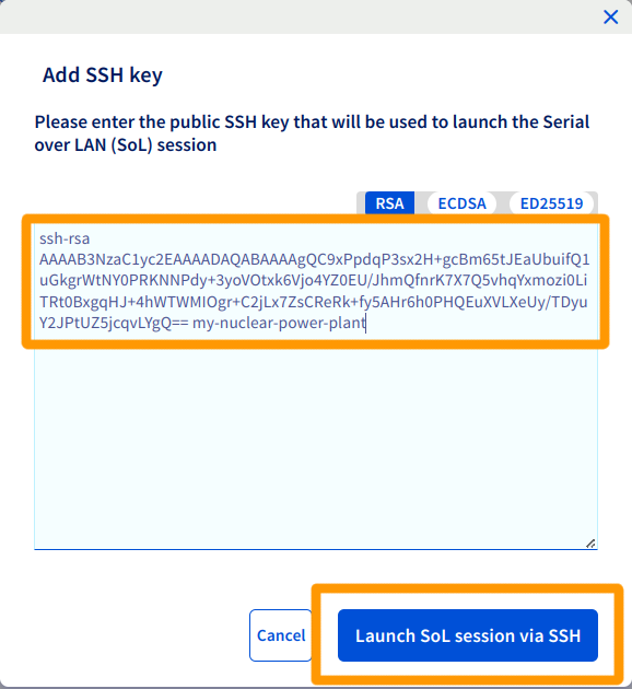 SoL SSH clé publique SSH