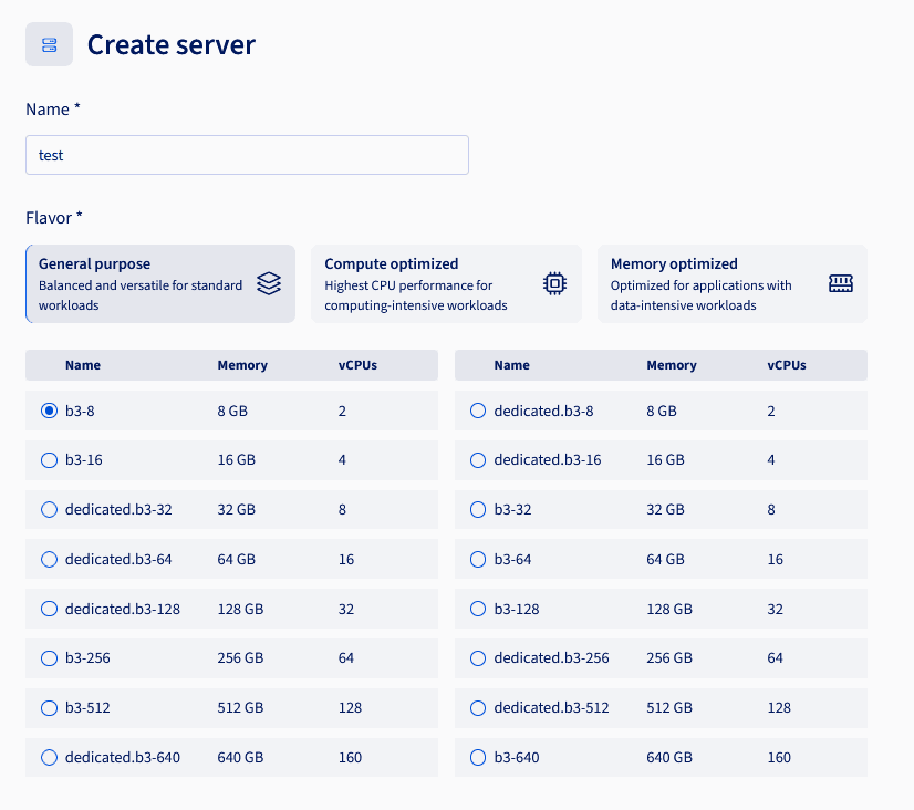 Choix du gabarit : General purpose, Compute optimized, Memory optimized et dédié