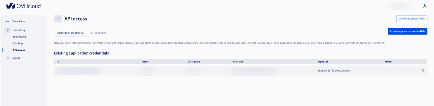 Page API access du manager avec le bouton Download clouds.yaml et les application credentials existants