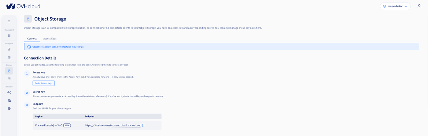 Page Object Storage du manager, section Connection Details avec Access Key, Secret Key et Endpoint par région