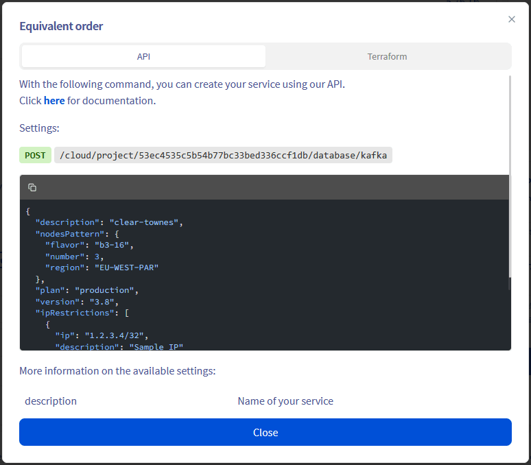 Équivalent API et Terraform