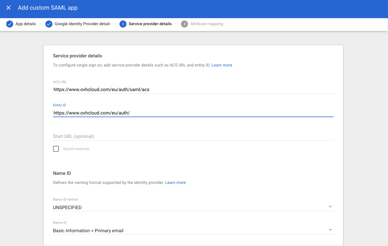 Ajouter une application SAML, étape 3