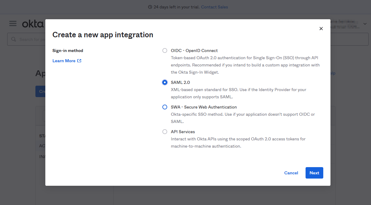 Ajouter une application SAML, étape 2