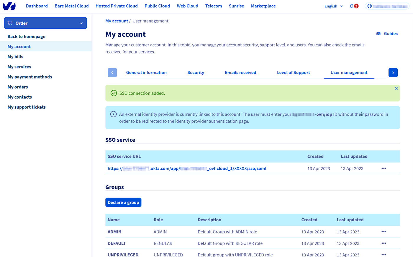 Connexion SSO OVHcloud étape 3
