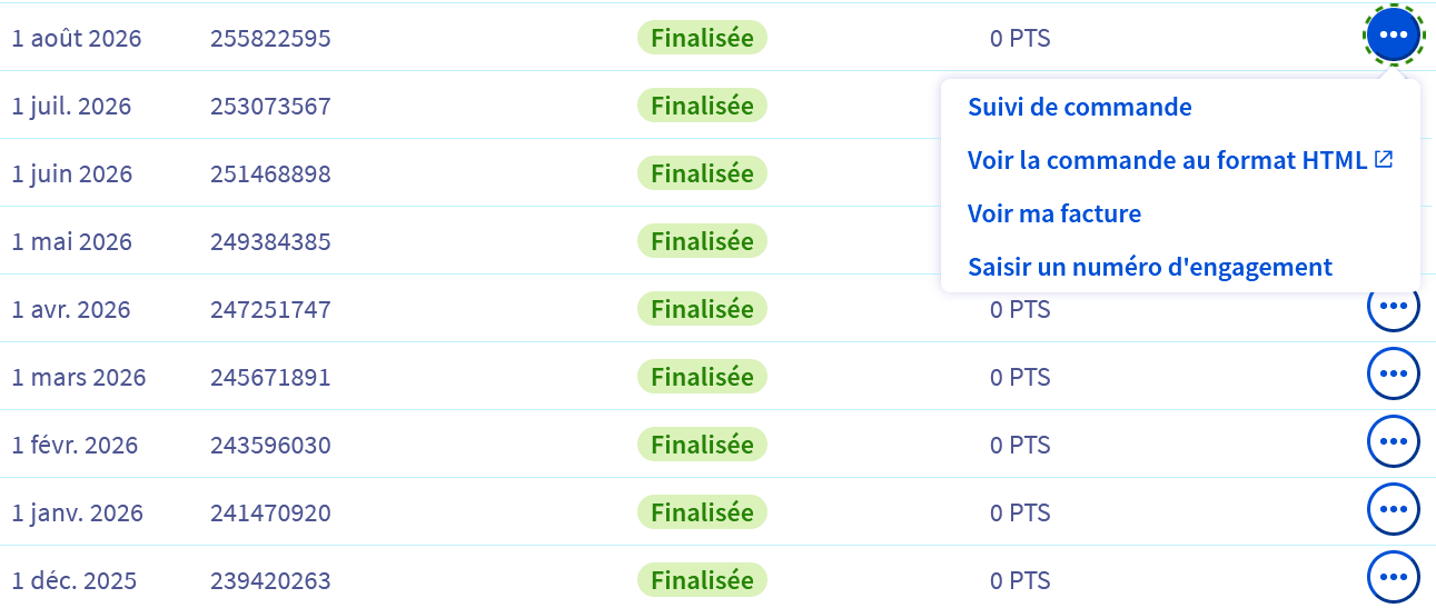 Option Saisir un numéro d'engagement dans le menu d'une commande