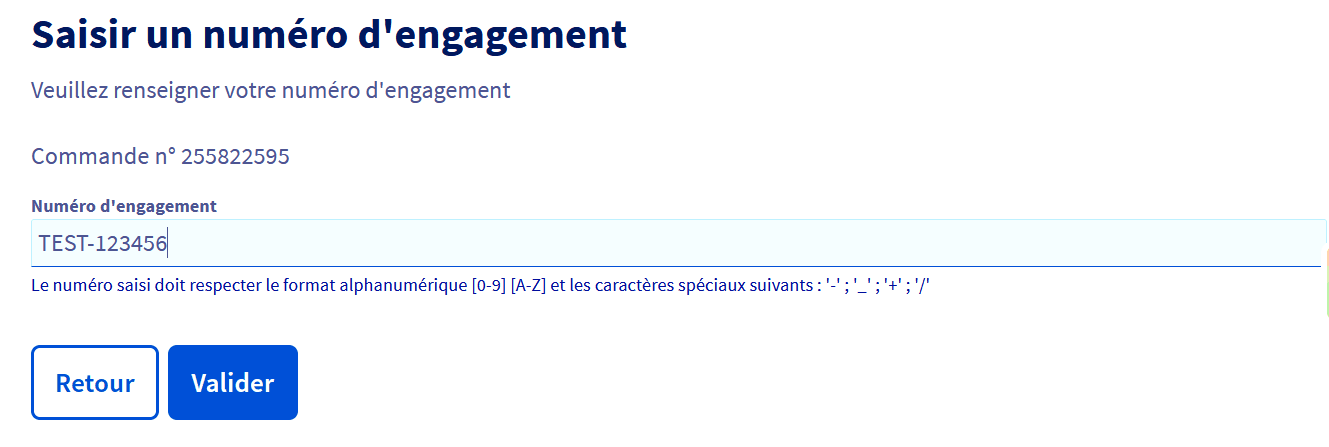 Saisie du numéro d'engagement pour une commande