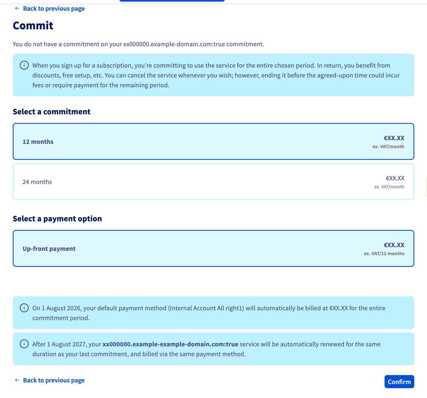 Page Commit avec les options de durée d'engagement et de paiement à l'avance