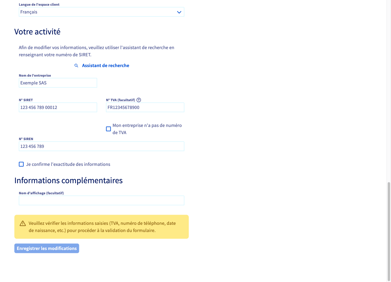 Section Votre activité avec le numéro de SIRET dans l'espace client OVHcloud