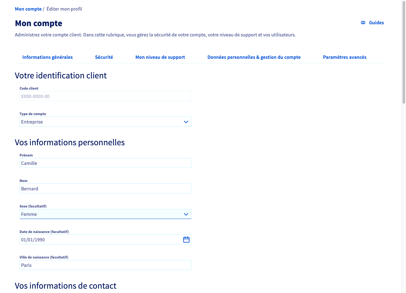 Page de modification du profil dans l'espace client OVHcloud
