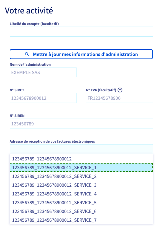 Menu déroulant de sélection de l'adresse de réception des factures électroniques dans l'espace client OVHcloud