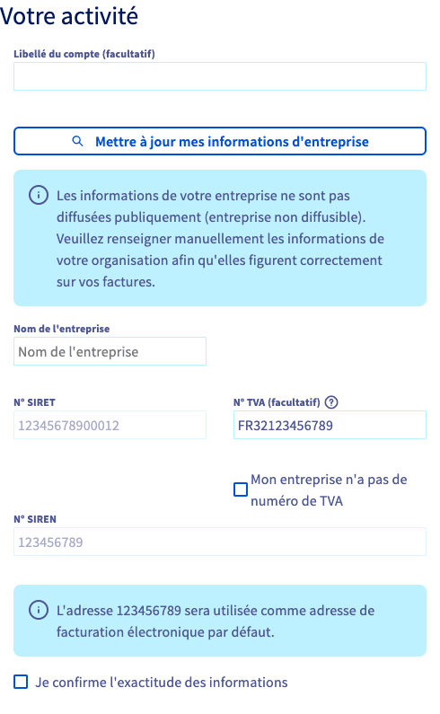 Section Votre activité pour une entreprise non diffusible dans l'espace client OVHcloud