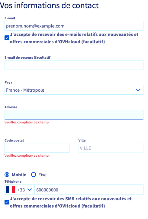 Champs Adresse et Code postal à compléter pour une entreprise non diffusible dans l'espace client OVHcloud