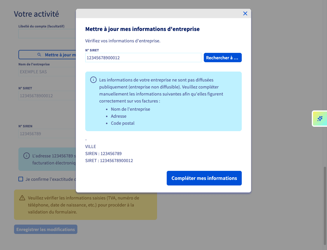 Message indiquant une entreprise non diffusible dans l'assistant de mise à jour des informations d'entreprise