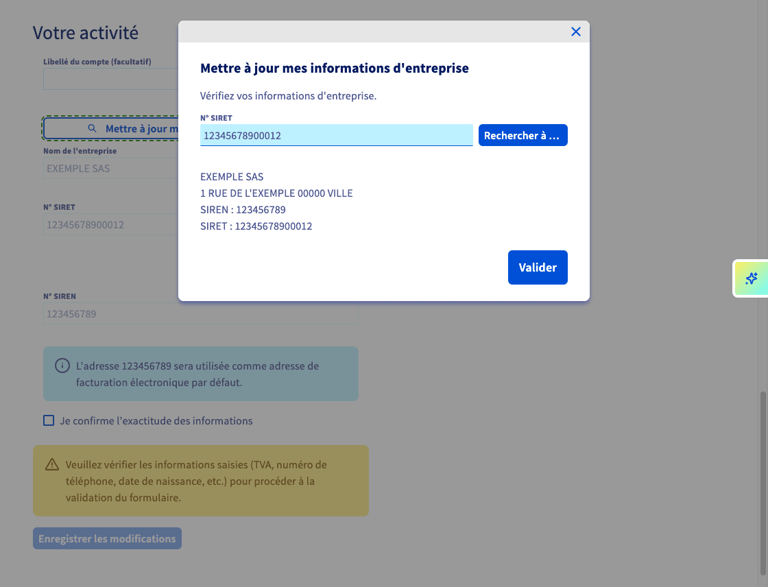Informations d'entreprise trouvées à partir du numéro de SIRET dans l'espace client OVHcloud