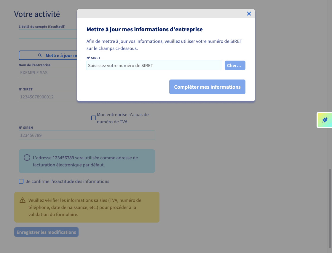 Fenêtre de mise à jour des informations d'entreprise dans l'espace client OVHcloud