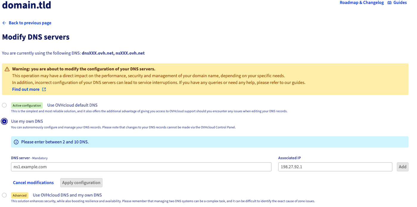 Alteração dos servidores DNS