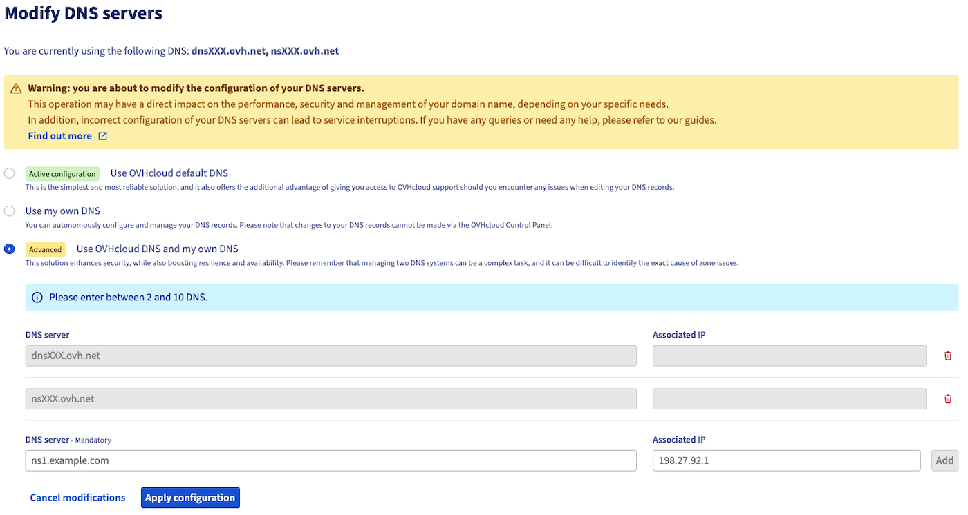 Alteração dos servidores DNS