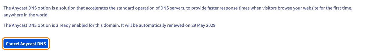 Cancellation page of the Anycast DNS option
