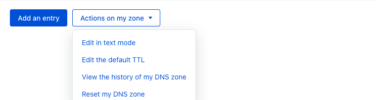 Menu Ações na minha zona da zona DNS