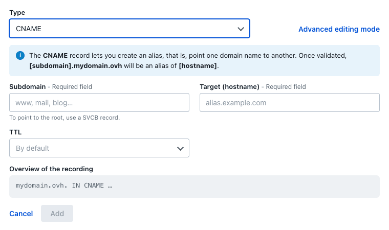 Adicionar um registo CNAME a partir da zona DNS