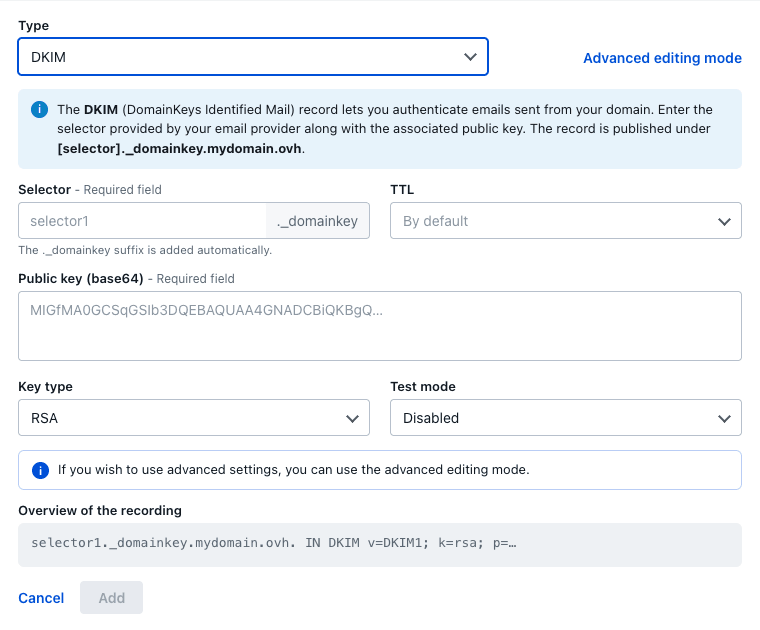Adicionar um registo DKIM a partir da zona DNS