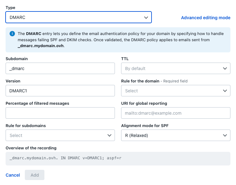 Adicionar um registo DMARC a partir da zona DNS