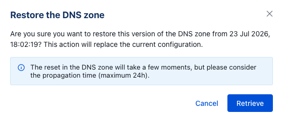 Janela de confirmação de restauro da zona DNS