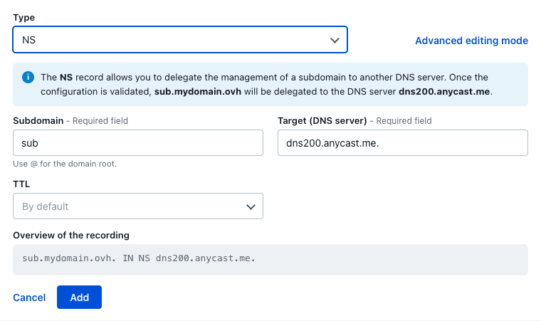 Formulário de registo NS na zona DNS
