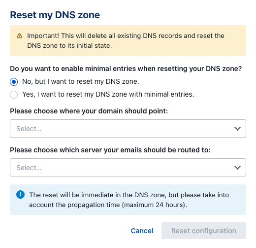 Painel de reinício da zona DNS