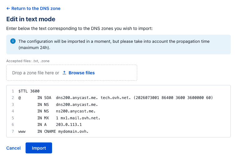 Edição da zona DNS em modo textual