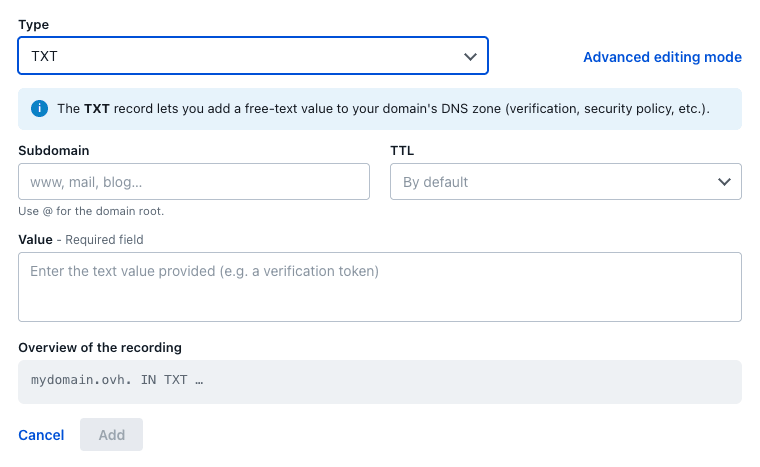 Adicionar um registo TXT a partir da zona DNS
