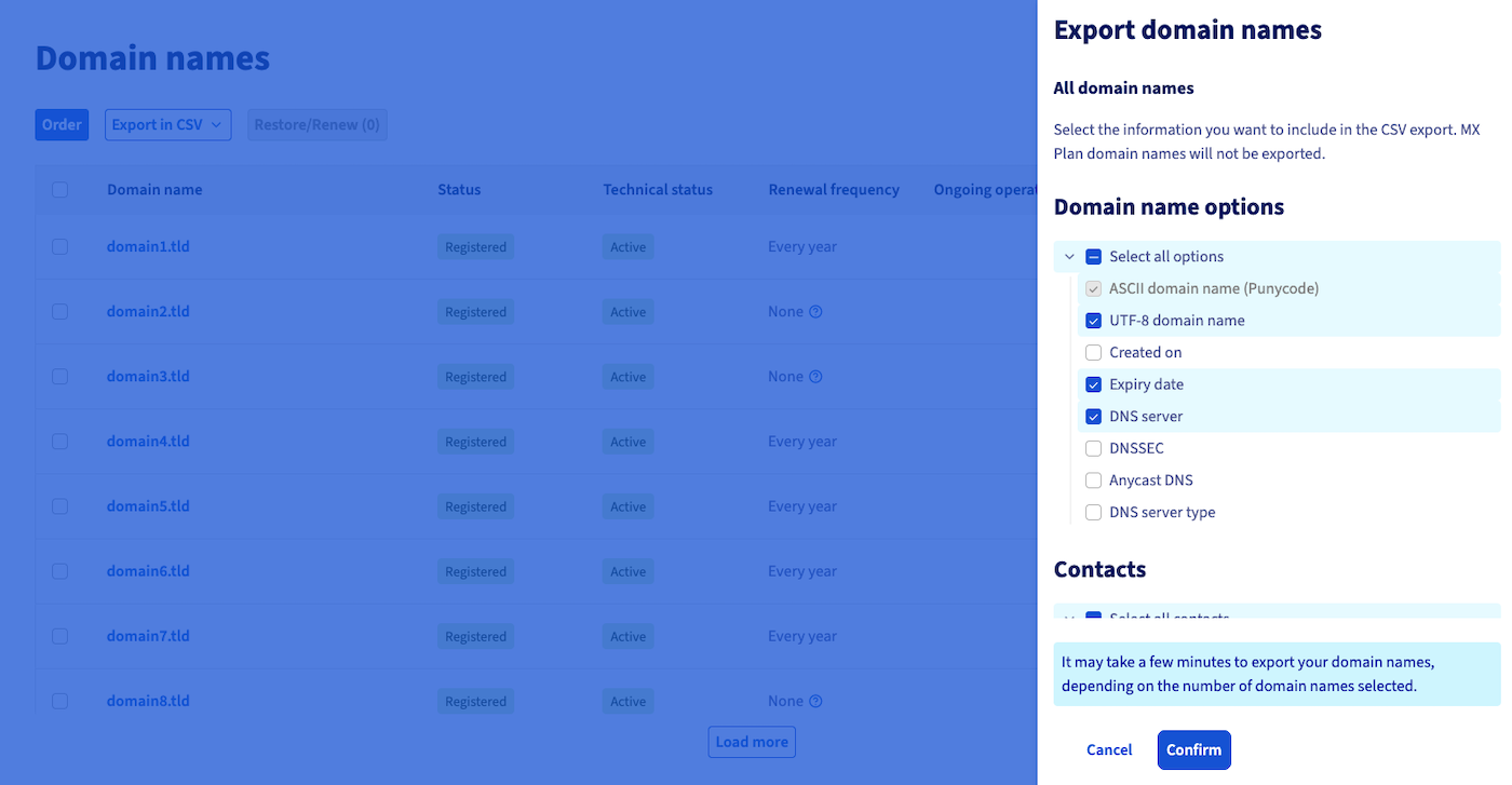 Export domains in CSV format step 1