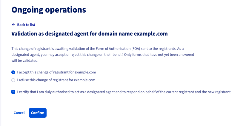 Designated agent validation page