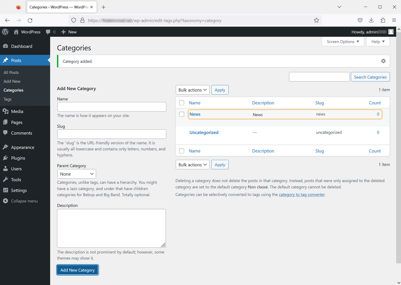 WordPress - Categorie added