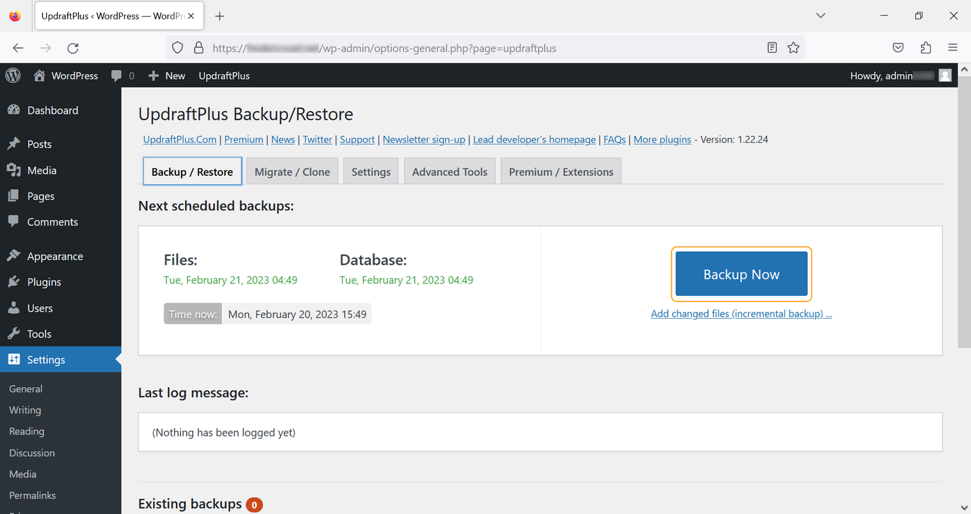 Seite UpdraftPlus Sichern/Wiederherstellen