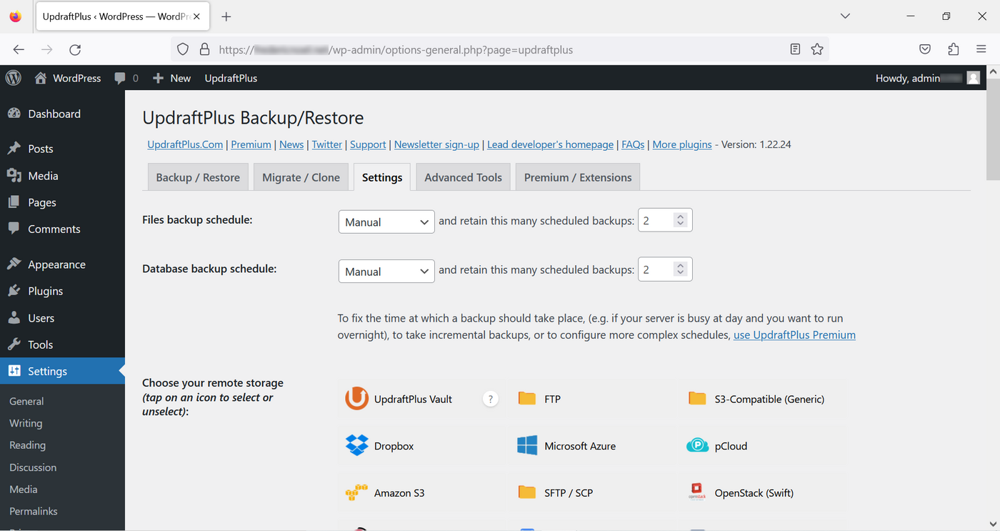 Seite UpdraftPlus Backup/Restore
