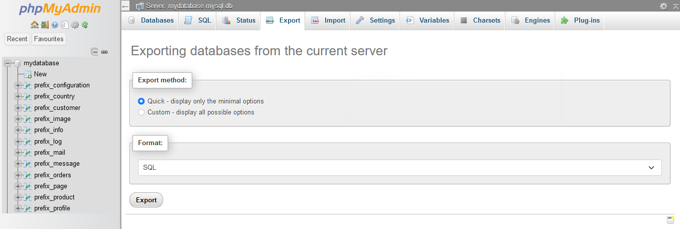 PHPMyAdmin-Zugang - Exportieren