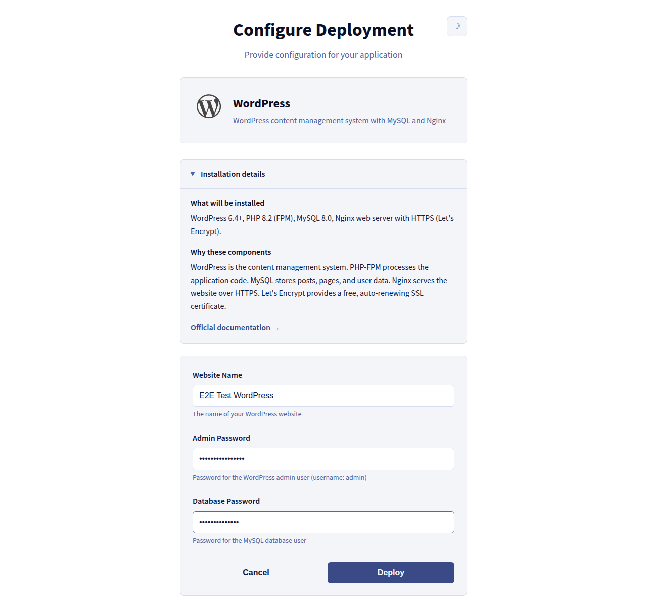 Configuration form for a WordPress deployment